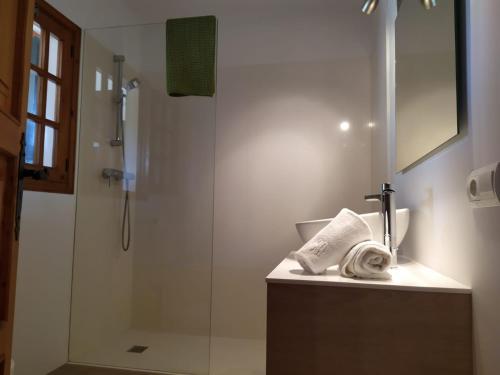 La salle de bains est pourvue d'une douche et d'un lavabo. dans l'établissement Roig Miquel house just 10m driving from Pollensa, à Pollença