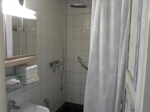 y baño con ducha, aseo y espejo. en PrivArtZimmer 'Ausfahrt freihalten', en Husum