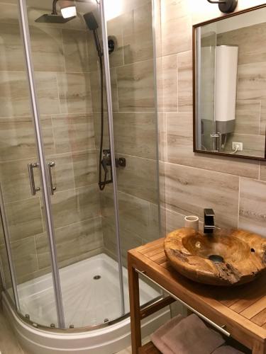 a bathroom with a shower and a wooden sink at Domeniul Horj Casa din Cireș Moisei in Moisei