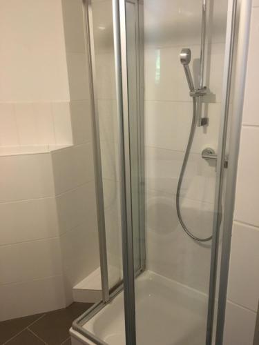 a shower with a glass door in a bathroom at Dorya am Ring in Cologne
