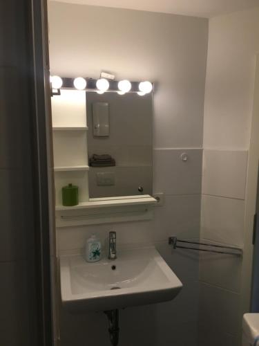 een badkamer met een wastafel en een spiegel bij Dorya am Ring in Keulen
