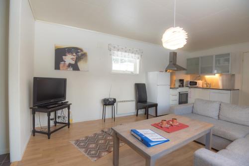 uma sala de estar com um sofá e uma mesa em Fjelltun 6-sengs em Trysil