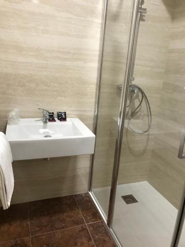 a bathroom with a sink and a shower at Pensión CHE in O Pedrouzo