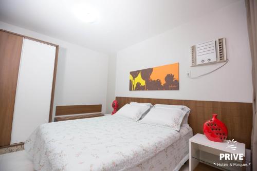 um quarto com uma cama e ar condicionado em Prive Boulevard Thermas - OFICIAL em Caldas Novas