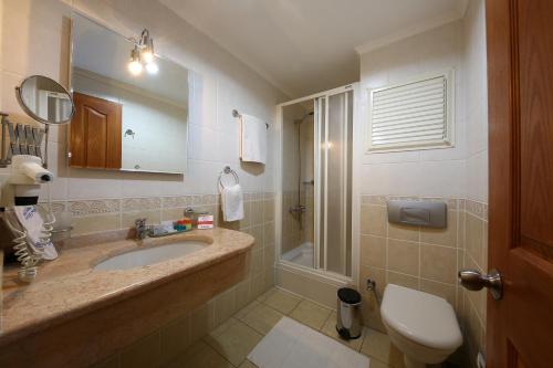 uma casa de banho com um lavatório, um WC e um espelho. em Mr. Dim Exclusive Apart Hotel em Göcek