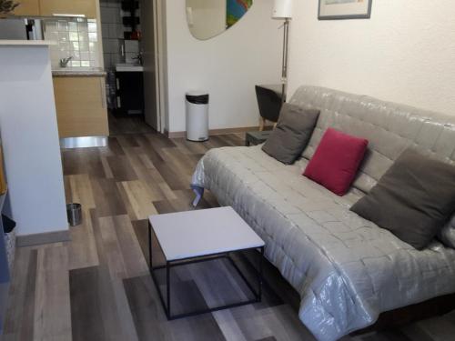 un salon avec un canapé et une table dans l'établissement Leucate,cadre arboré,ombragé,sous les cyprès, à Leucate