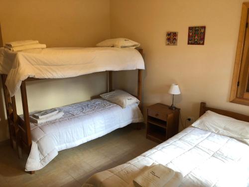 1 dormitorio con 2 literas y lámpara en Hosteria Futalaufquen en Lago Futalaufquen