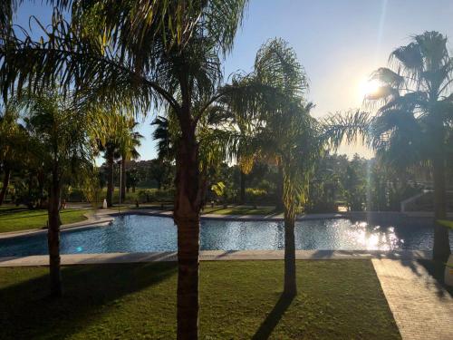 a swimming pool with palm trees in a park at Playa Granada Apartamentos Moriscos II in Motril