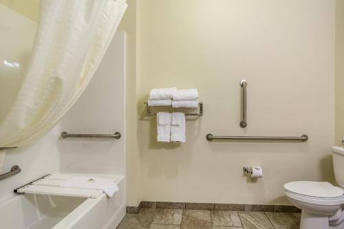 a bathroom with a toilet and a tub and towels at Cobblestone Hotel & Suites - Chippewa Falls in Chippewa Falls