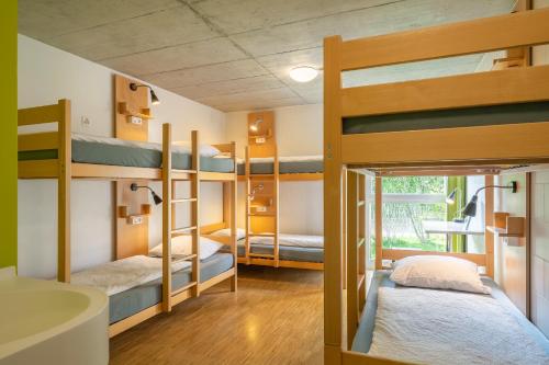 インターラーケンにあるバックパッカーズ ヴィラ ゾンネンホフ ホステル インターラーケンの二段ベッド3台とバスルームが備わる客室です。