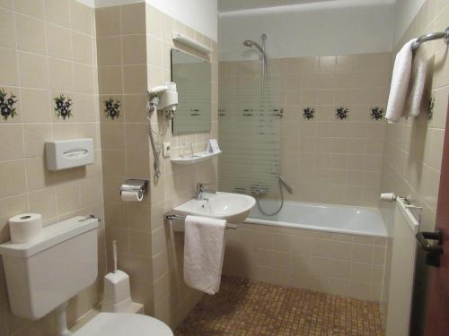 a bathroom with a toilet and a sink and a tub at Hotel Stadt Gernsbach in Gernsbach