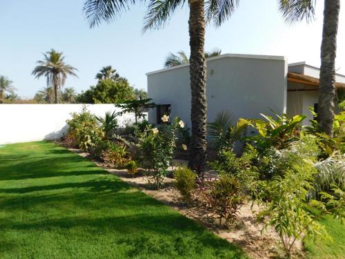 a garden with palm trees and a white wall at CAP BAY in Cap Skirring