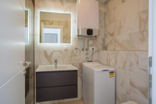 un piccolo bagno con lavandino e specchio di Apartman Madonnina a Cres