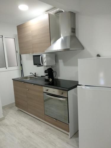 a kitchen with a sink and a refrigerator at Apartaments Can Fabul in Sant Carles de la Ràpita