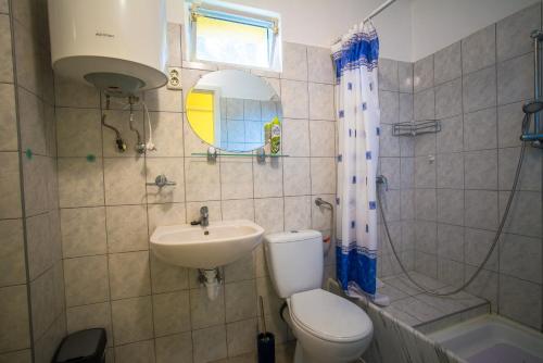 a bathroom with a toilet and a sink and a shower at Mickey's Thermal Apartments in Tiszakécske