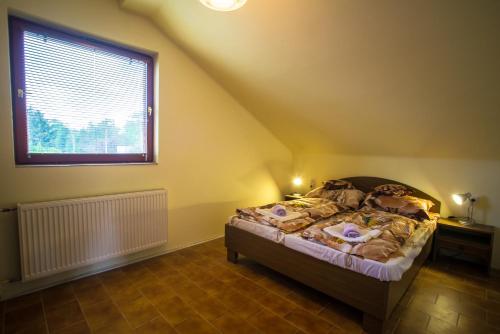 a bedroom with a bed and a large window at Mickey's Thermal Apartments in Tiszakécske
