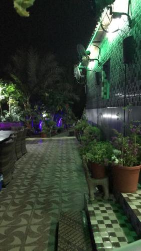 a walkway with potted plants and a building at night at Happiness Farm in Hatta