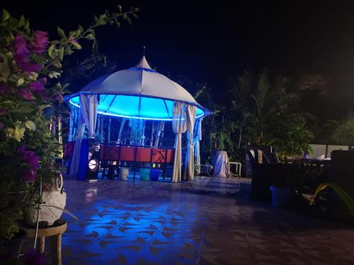 a blue lighted gazebo at a party at night at Happiness Farm in Hatta