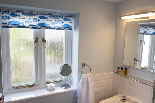 uma casa de banho com um lavatório e uma janela em Shaftesbury Modern Annexe em Shaftesbury