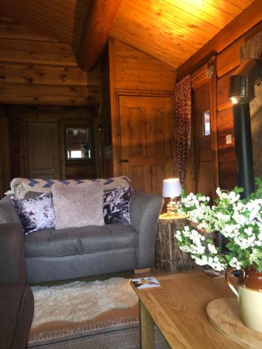 a living room with a couch and a table at Log home village in Ulverston
