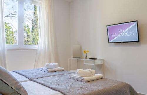 a bedroom with a bed and a tv on a wall at Villa Splendor in Čilipi