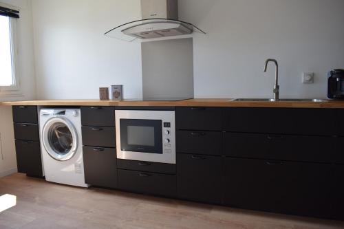 eine Küche mit einer Waschmaschine und einer Mikrowelle in der Unterkunft Le Petit Saint Ouennais à 30min de Paris in Saint-Ouen-lʼAumône