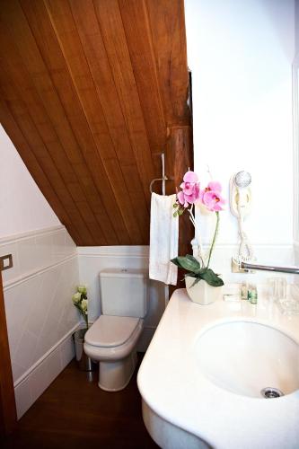 a bathroom with a toilet and a sink with flowers on it at Hotel Emblemático San Agustin in Icod de los Vinos