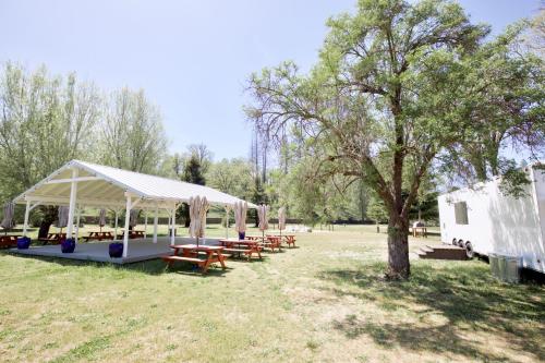 a tent with benches and a tree in a field at Mandala Springs in Cobb