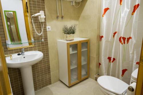 a bathroom with a sink and a toilet and a shower curtain at Apartamentos El Templo Suites in Merida