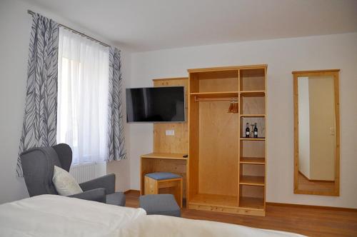 a bedroom with a bed and a tv and a mirror at Bed Bike & Breakfast in Traismauer