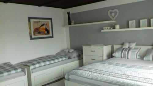トレボンにあるApartmány na Hlíněのベッドルーム(ベッド2台、棚付)