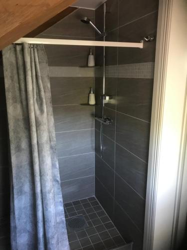 een badkamer met een douche en een douchegordijn bij Ameriden Bed and Breakfast in Ullared