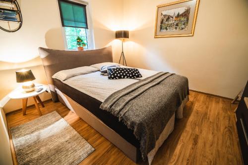 una camera da letto con un letto coperto di Apartment Amy a Podcetrtek