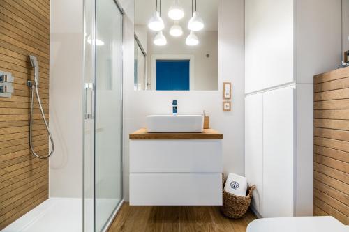 y baño con lavabo y ducha. en Blue Marine Apartament 19 z tarasem, en Rowy