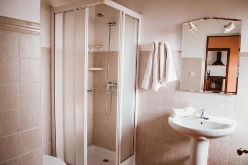 a bathroom with a shower and a sink at Carquera Casa a 8 Km de Nava in Nava