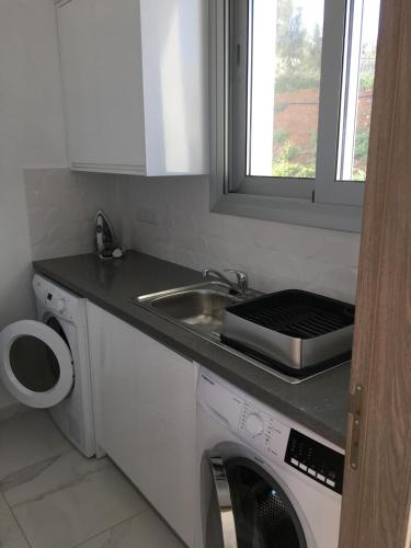 a kitchen with a sink and a washing machine at Elite Sea View Villa in Pomos