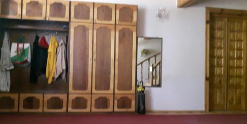 a room with wooden cabinets and a cat sitting in a room at Guli in Gori