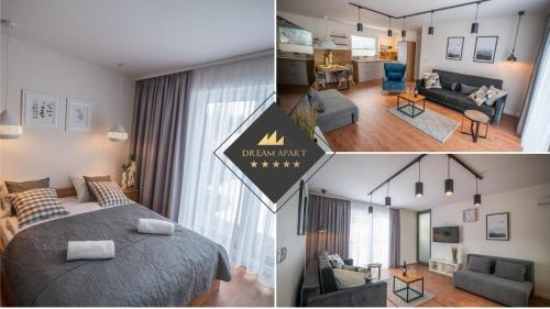 two pictures of a bedroom and a living room at Apartament Kasztanowy blisko centrum - Dream Apart in Szczyrk