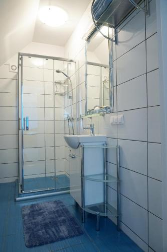 a bathroom with a sink and a shower at AZURIA agroturystyka in Pisz