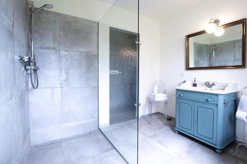a bathroom with a shower and a sink and a mirror at DAS KLEINE HOTEL IPHOFEN, Frühstückszauber, no waste, nachhaltig, nahe aller Weingüter, KNAUF GIPS KG und ConneKT, kleines Secret mit Garten & Terrassen, TV mirrorring, 55" TV, fine dining, Hunde willkommen in Iphofen