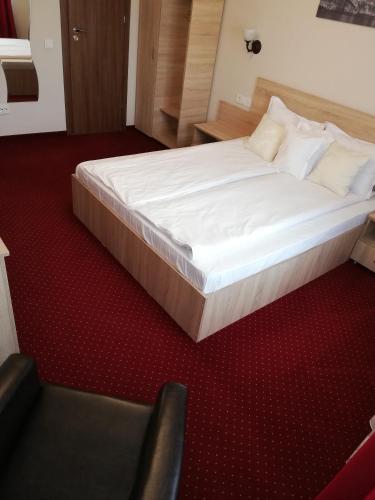 a large bed in a room with a red carpet at Casa Daomi in Deva