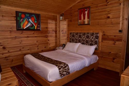 Postel nebo postele na pokoji v ubytování Snow King Retreat- Himalayan view , Revolving Restaurant , Pinewood Cottages , Huts , Villas , Rooms , Hydro Pool , Karaoke Music , DJ Night