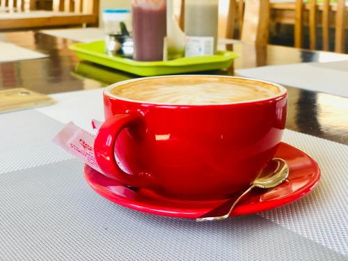 a red cup of coffee on a red plate with a spoon at Gokyo Thanka Inn in Khumjung