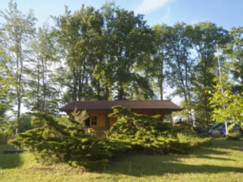 ein Haus mit einem gefallenen Baum davor in der Unterkunft Ferienhaus - Weißer Steg Sieben in Ostseebad Sellin