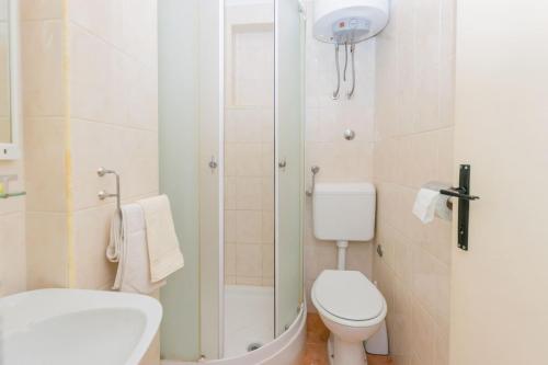 mała łazienka z toaletą i prysznicem w obiekcie Pleasant apartment Korenic in unique city of Rovinj w Rovinj