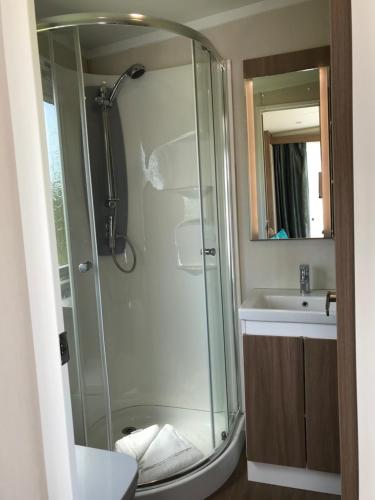 a bathroom with a shower and a sink at Parkknott Retreat in Askam in Furness