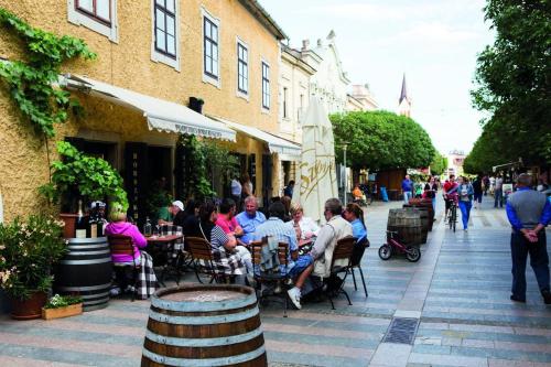 a group of people sitting at tables outside a building at ZÁMOR HOLIDAY HOUSE in Keszthely