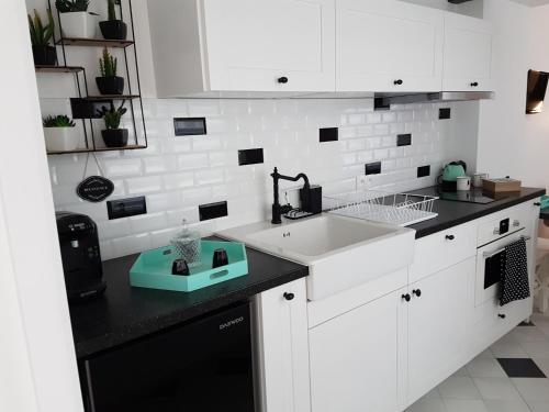 a kitchen with white cabinets and a black counter top at La Bonbonnière de Salomé Hyper centre parking possible in Rouen