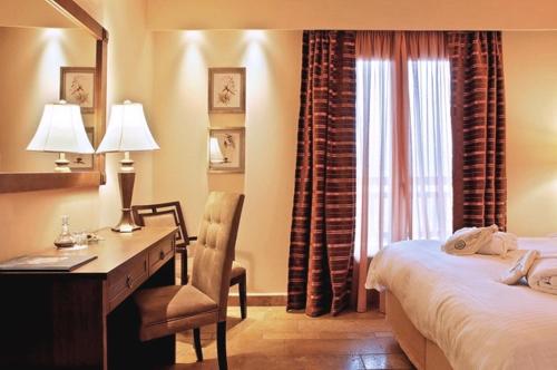 a bedroom with a desk and a bed and a desk and a chair at Selestina Boutique Hotel in Karpenision