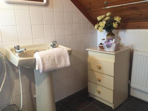 a bathroom with a sink and a vase of flowers at Cummins Cottages in Ballycrossaun